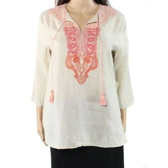 SYMPLE NYC BEIGE W/ORANGE-PEACH EMBROIDERED TUNIC W/ROLL TAB SLEEVES MEDIUM-NICE - Picture 1 of 6